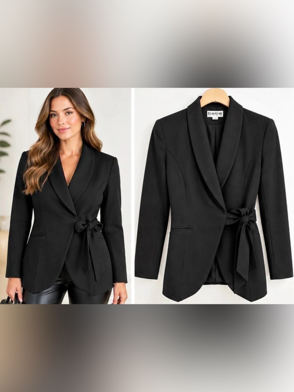 Bebe Vintage Black 100% Wool Wrap Blazer Size 2 Made in USA